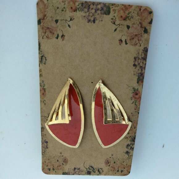 Red Gold Tone Earrings Abstract Geometric Art Deco Pierced Post - Picture 1 of 2